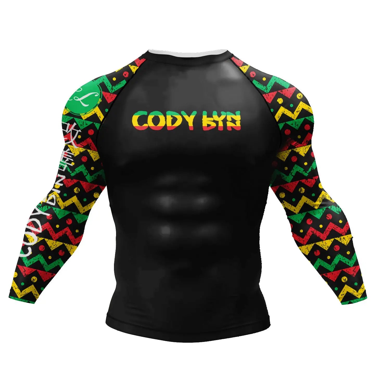 Tattoo Graphic Long Sleeve Mock Neck Fitted Rash Guard