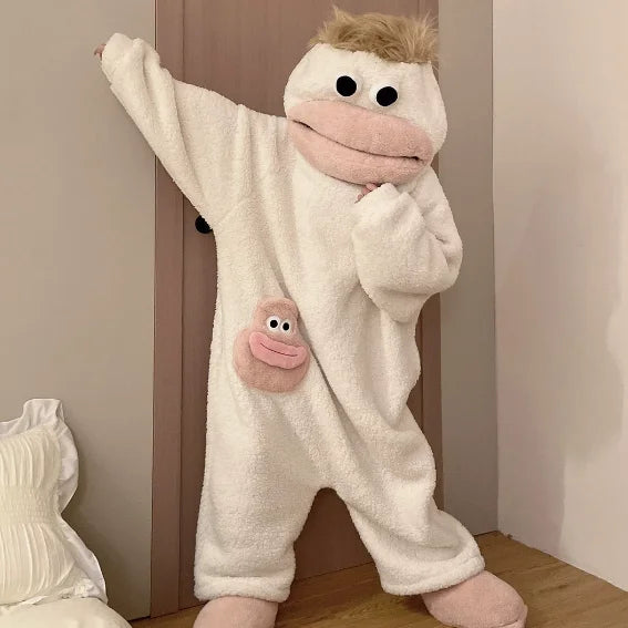 Cartoon Hooded Zip Front Long Sleeve Plush Pajama Jumpsuit