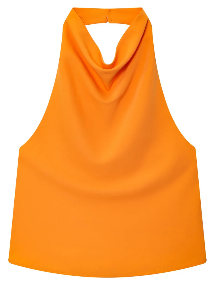 Women's Satin Polyester Halter Camisole with a Draped Front and Open Back