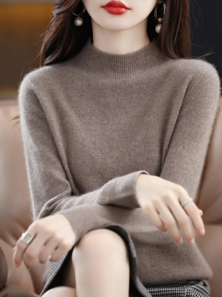 Women's Plain Mock Neck Long Sleeve Sweater Casual Knit Layer