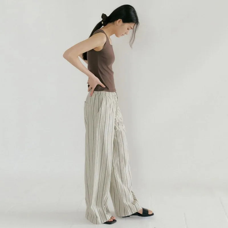 Women's Striped Loose Straight-Leg Pants with Drawstring Waist and Practical Side Pockets