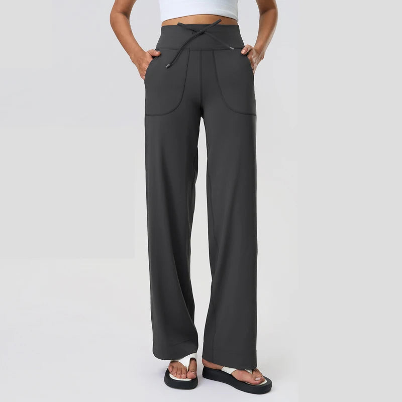 Women's Drawstring Waist Nylon Blend Wide Leg Pants with Length Options