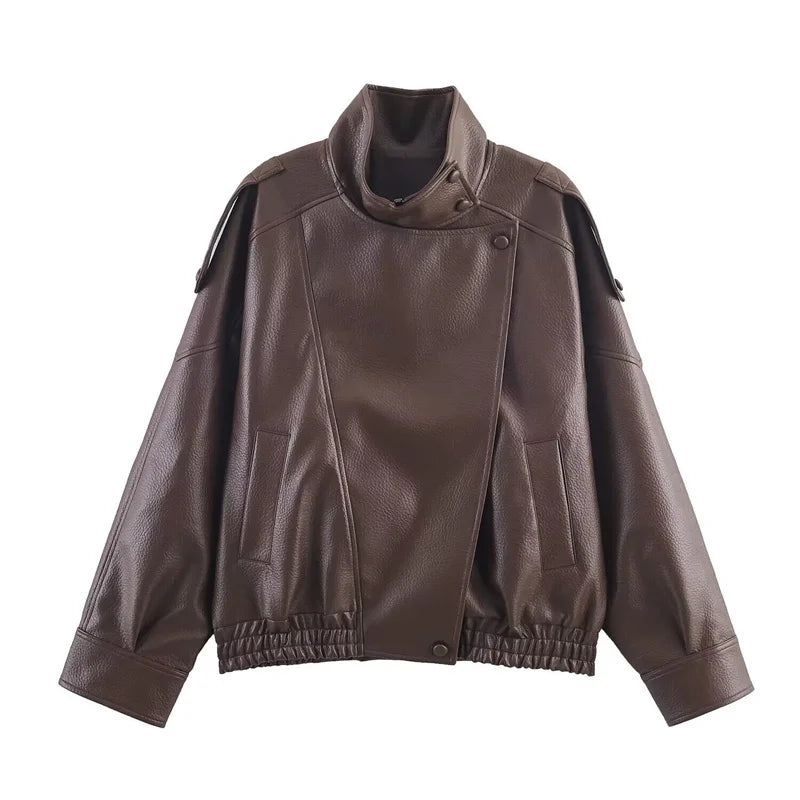 Women's Stand Collar Faux Leather Jacket for Layered Outfits