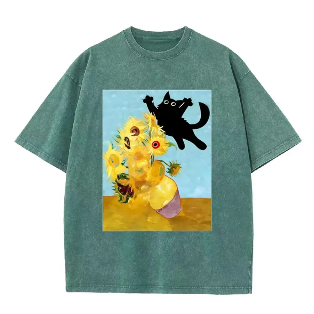 Van Gogh Sunflower Black Cat Parody Print Vintage Washed Purple Casual Art T Shirt