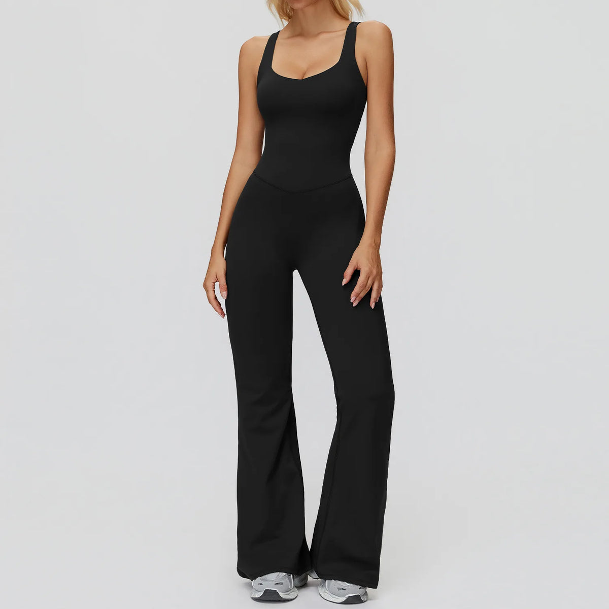 Women's Cross Back Polyester Blend Flared Workout Jumpsuit with Multiple Straps