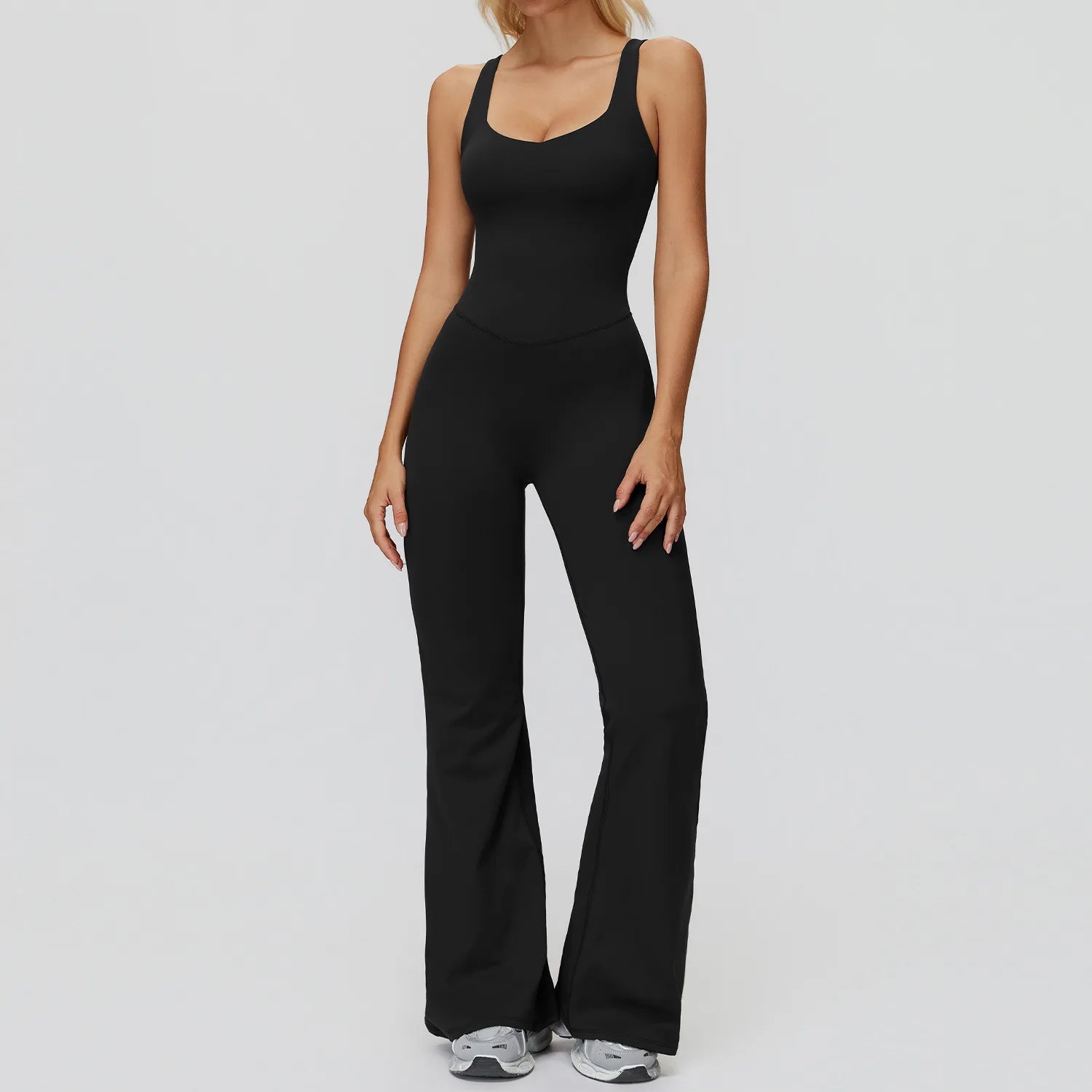 Women's Cross Back Polyester Blend Flared Workout Jumpsuit with Multiple Straps