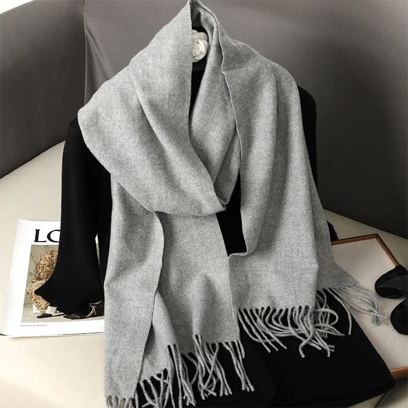 Solid Long Rectangular Scarf with Decorative Fringe Trim