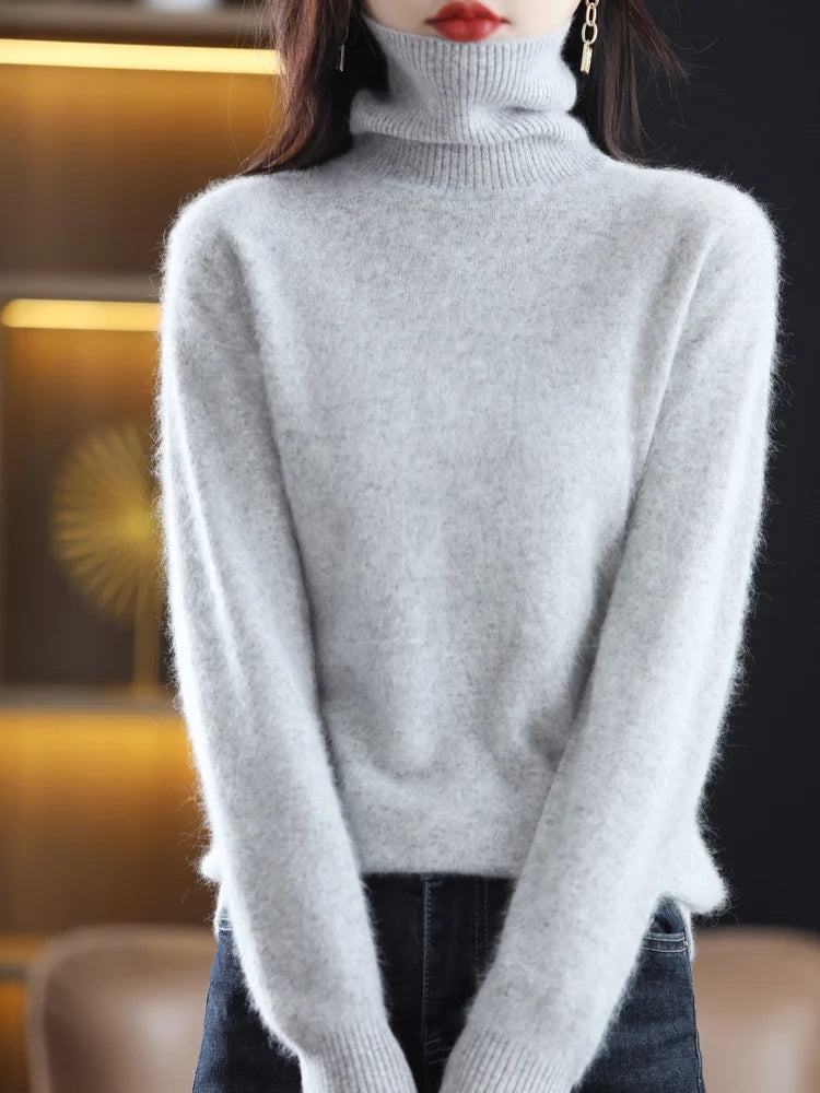 Women's Plain Roll Neck Long Sleeve Sweater Casual Knit Layer