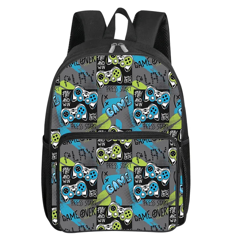 Children's Gamepad Print Backpack with Front Pocket and Twin Shoulder Straps