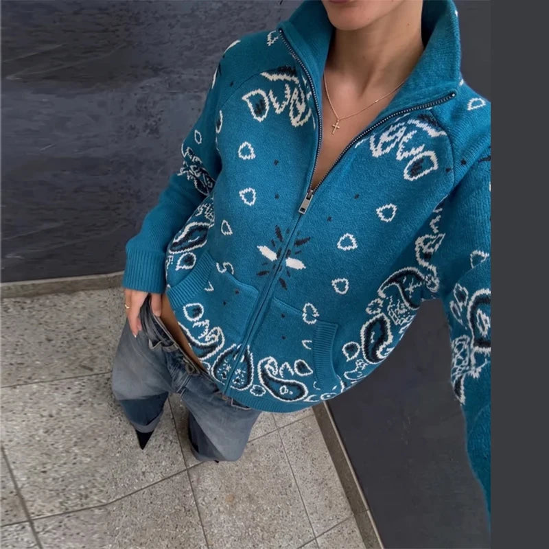 Women's Patterned Zip And Button Front Cardigan Casual Knit Layer