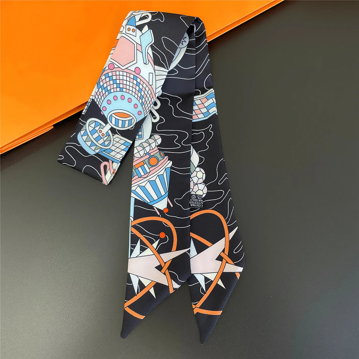 Colorful Printed Skinny Ribbon Scarf with Tie Ends