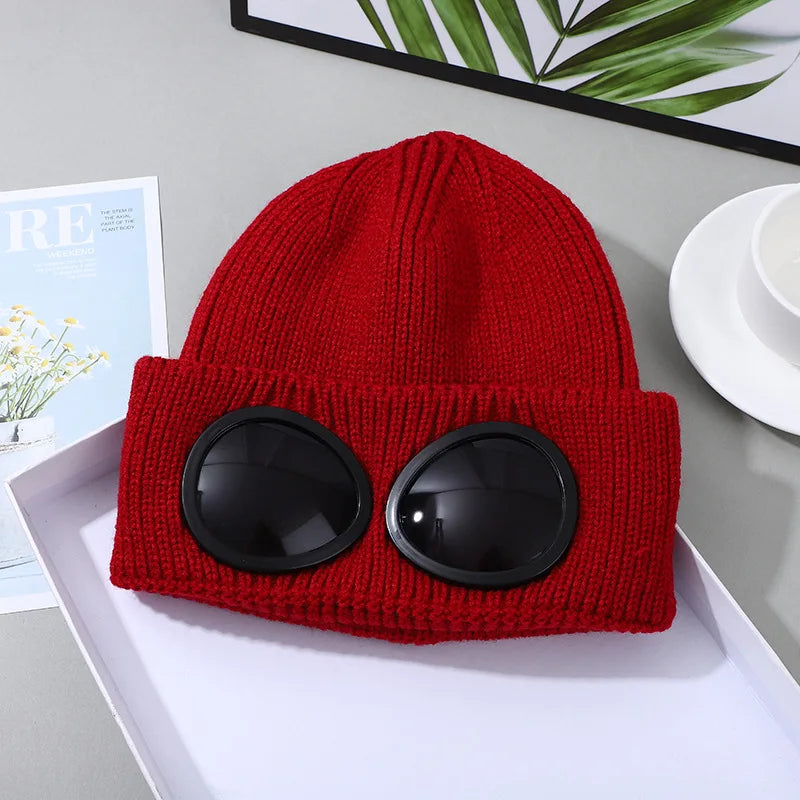 Ribbed Knit Beanie with Decorative Goggle Style Detail
