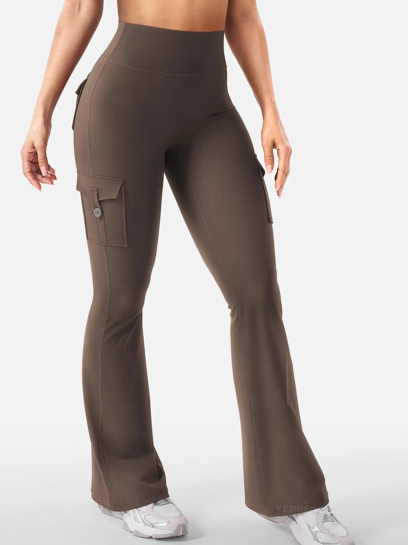 Women's High Waist Polyester Flared Pants with Cargo Style Thigh Pockets