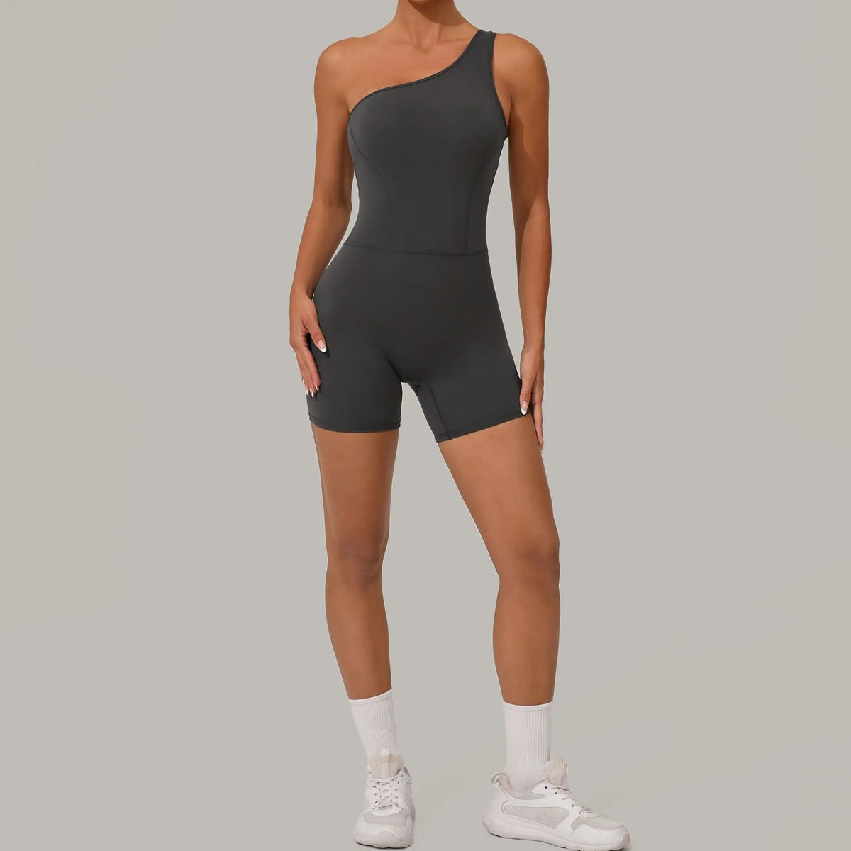 Women's One Shoulder Nylon Blend Workout Romper with Fitted Short Legs