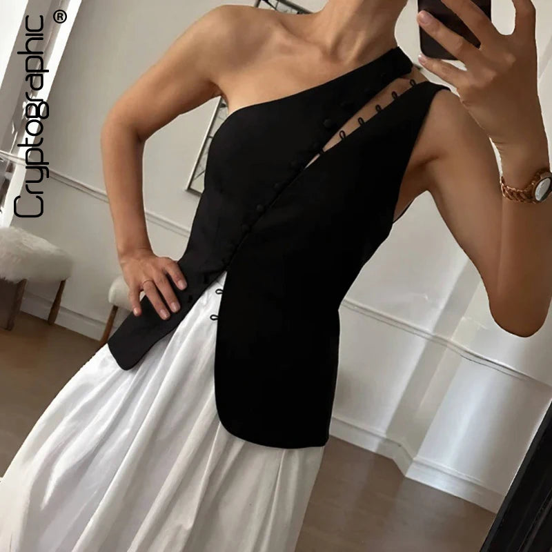Women's One Shoulder Polyester Blend Blouse with Diagonal Hook and Eye Detail