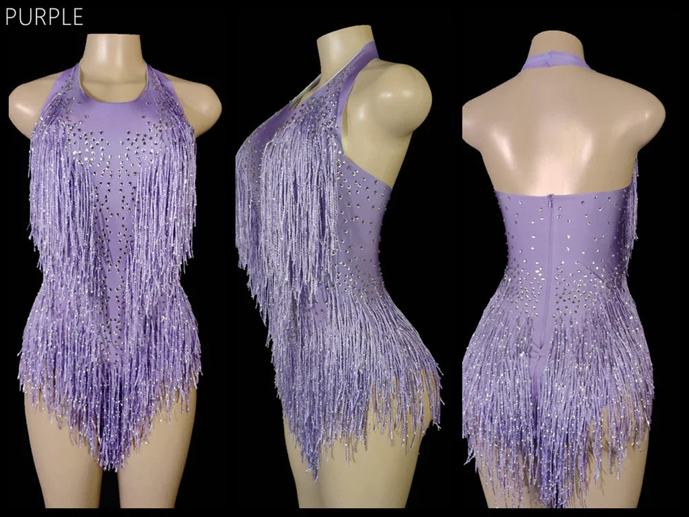 Women's Rhinestone Fringe Halter Dance Bodysuit for Stage Costume Outfits