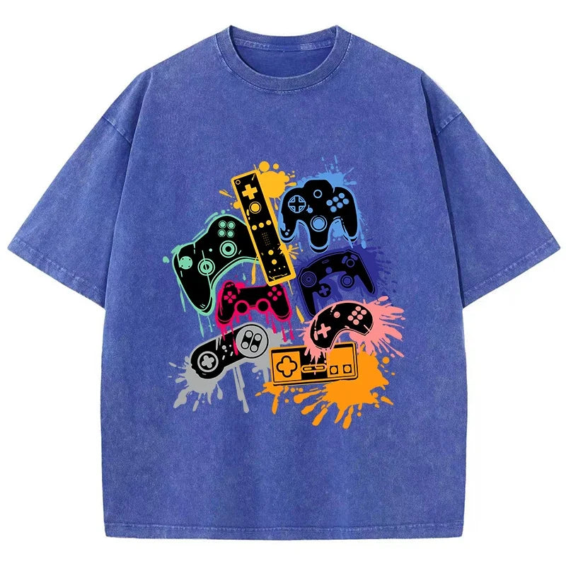 Game Console Graffiti Printing Washed T-Shirt Cotton T Shirts O-Neck Comfortable Distressed Tops Summer Mans Clothes