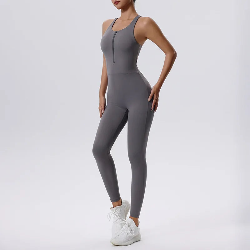 Women's Sleeveless Nylon Blend Workout Jumpsuit with Scoop Neck and Fitted Legs