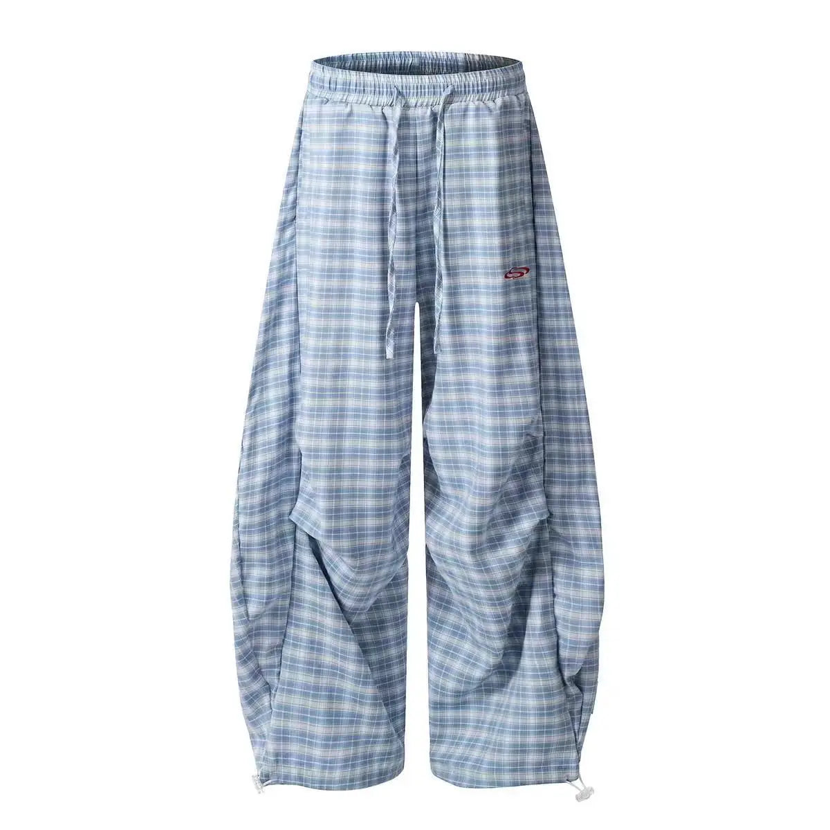 Women's Blue Check Pants with Drawstring Waist and Wide Legs