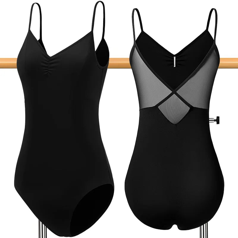 Women's V-Neck Camisole Ballet Leotard with Drawstring and Crossed Back