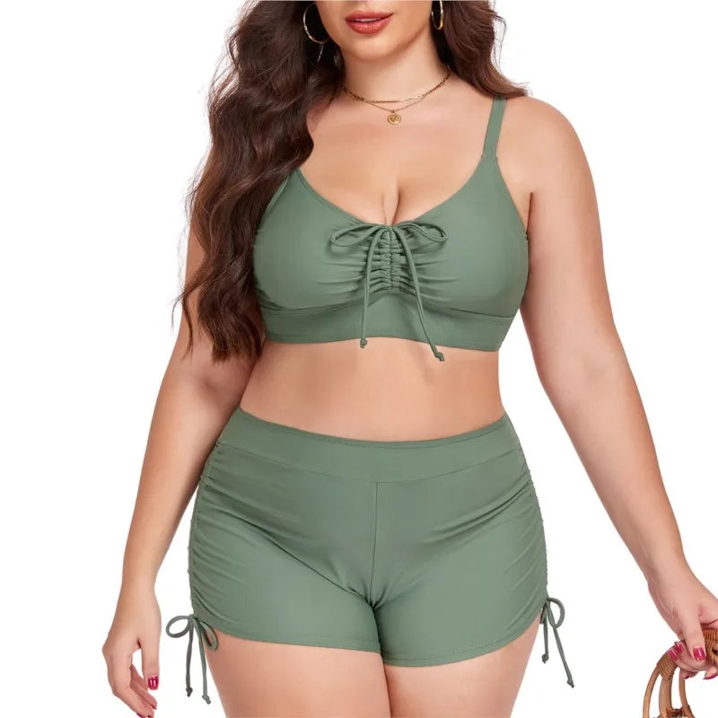 Women's Ruched Crop Top and Side Tie Shorts Bikini Set