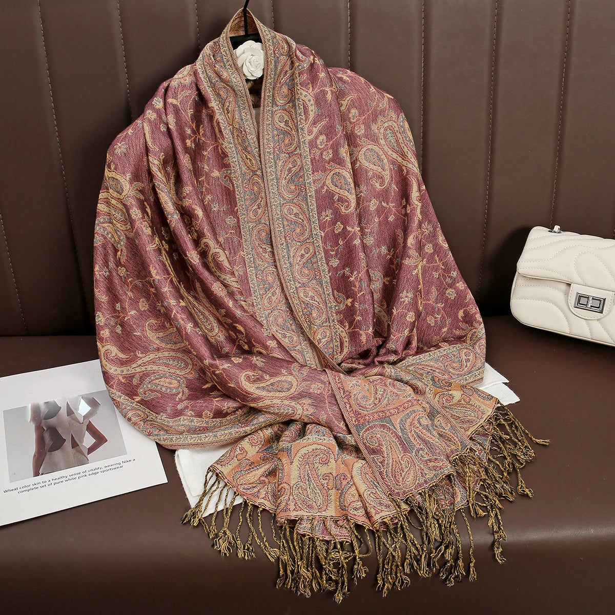 Paisley Floral Print Long Scarf with Fringed Ends