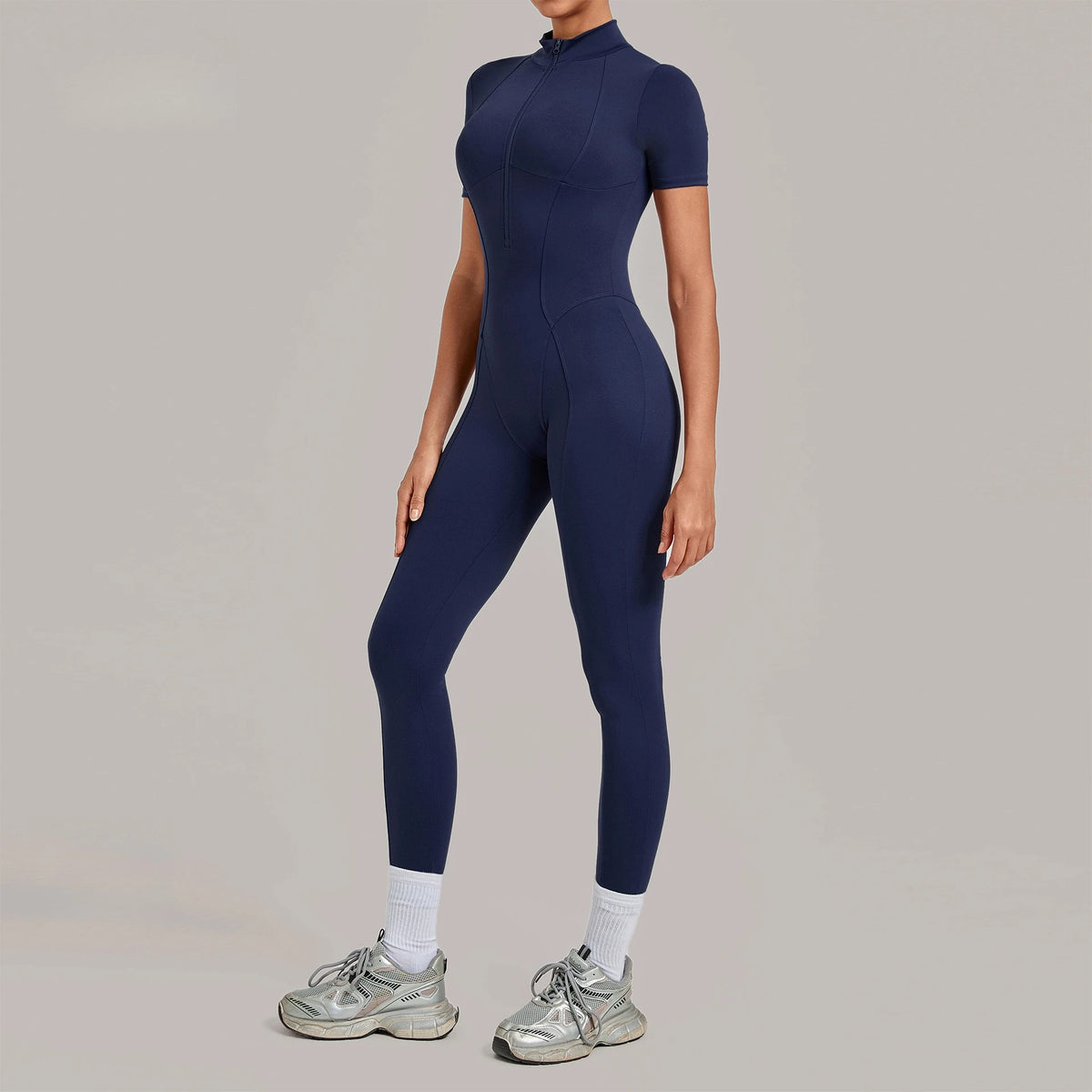 Women's Short Sleeve Nylon Blend Workout Jumpsuit with Stand Collar Zip
