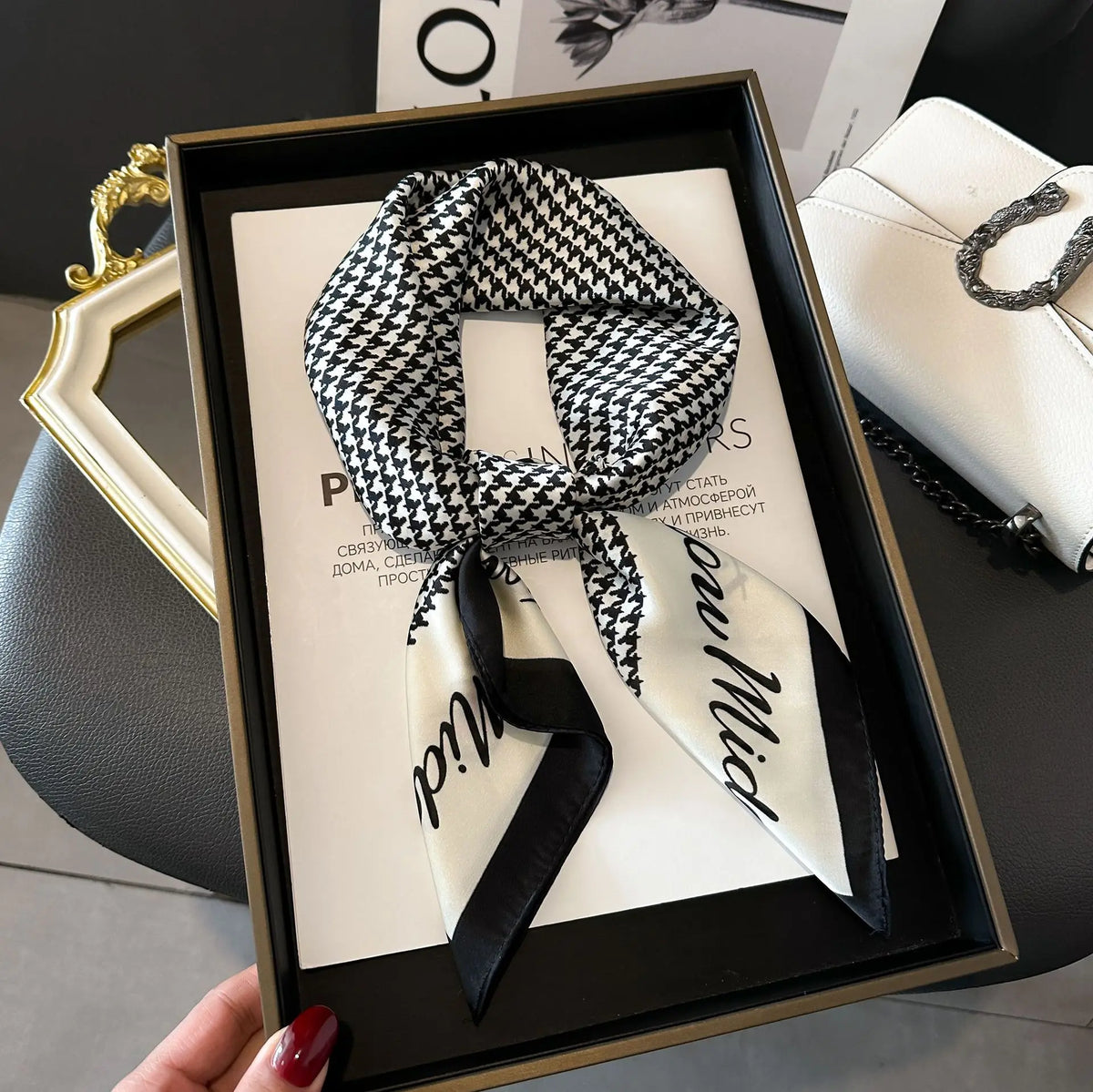 Chain Print Square Scarf with Decorative Border Designs