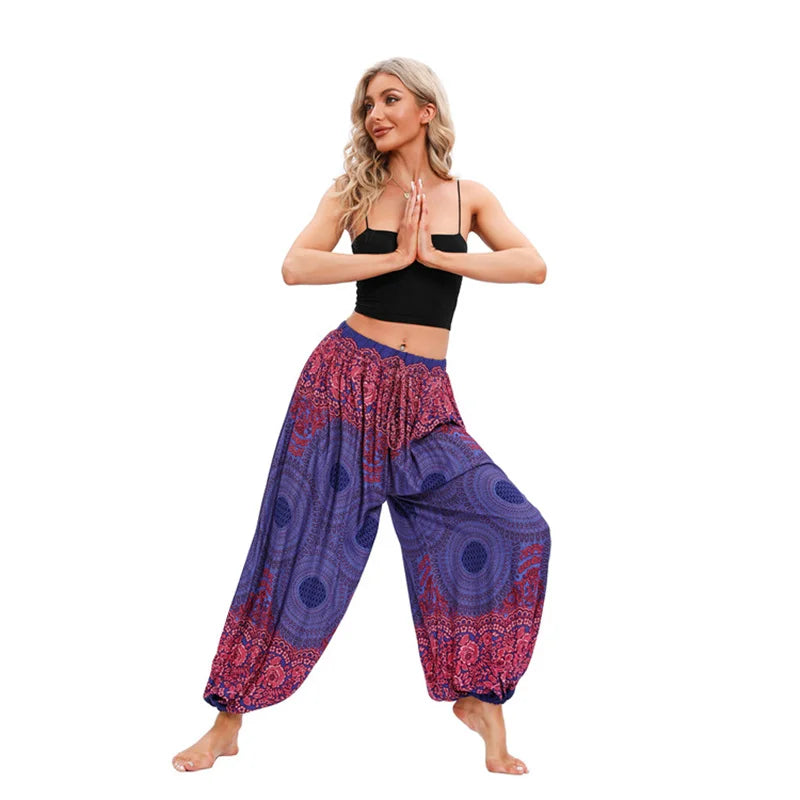 Women's Printed Rayon Harem Pants with Elastic Waist and Loose Gathered Legs