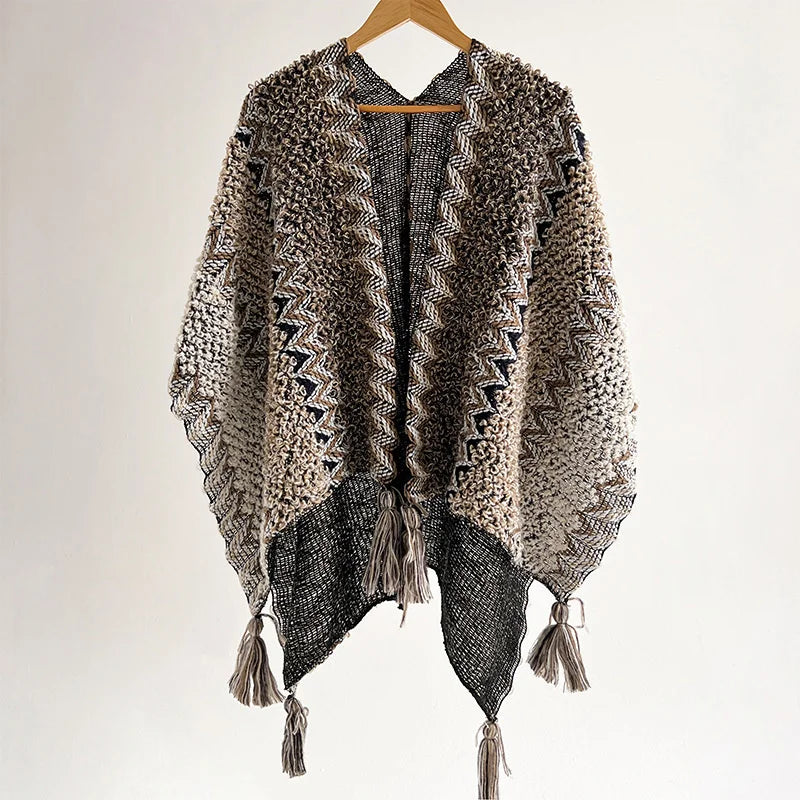 Zigzag Knit Tassel Poncho for Layering over Outfits