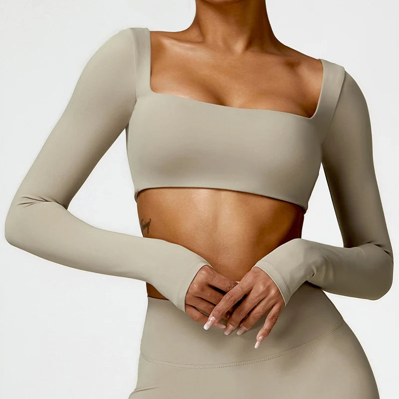Women's Square Neck Long Sleeve Crop Top For Workout Outfits