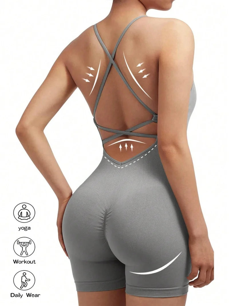 Women's Strappy Open Back Nylon Blend Romper for Yoga and Workouts