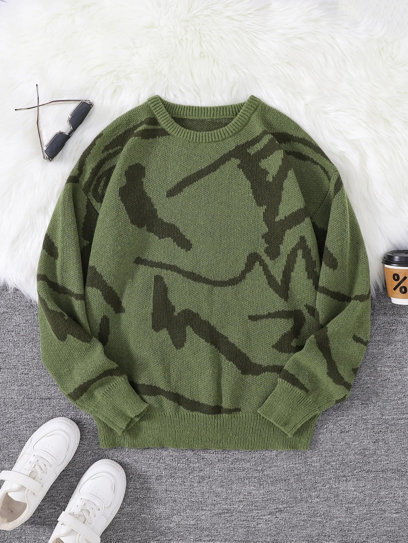 Men's Abstract Pattern Crew Neck Knit Sweater