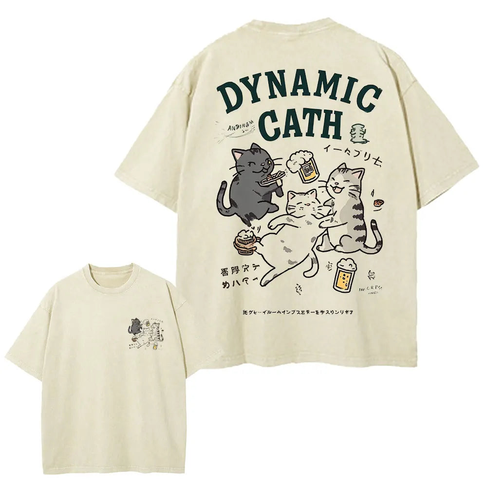 Japanese Cat Cartoon Graphic Baggy T-Shirt Men Streetwear