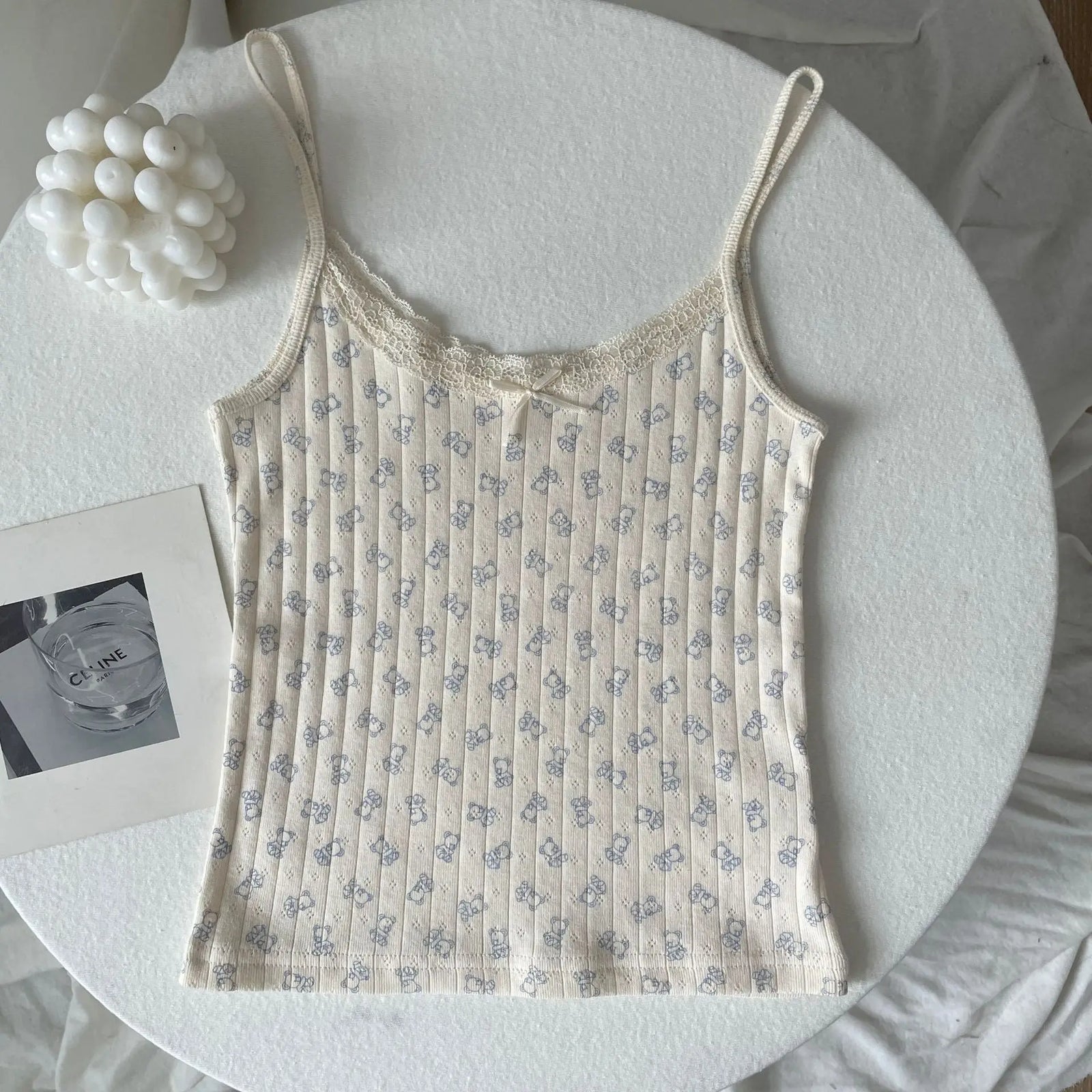 Women's Lace Trim Cotton Camisole with Bow Detail and Multiple Pattern Options