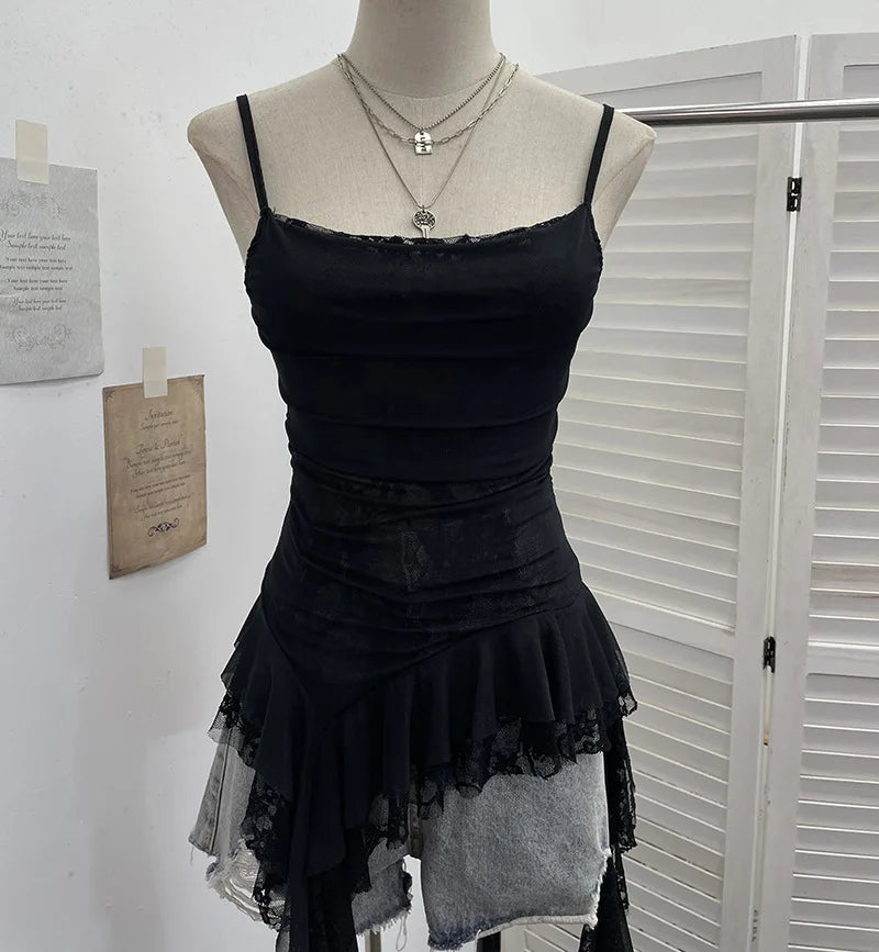 Women's Ruffled Polyester Camisole with Lace Trim and Asymmetric Style Options