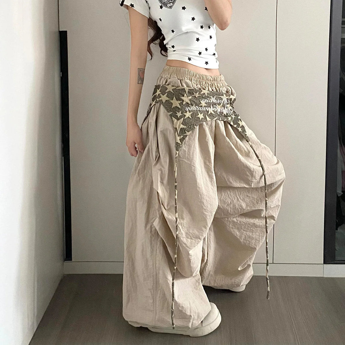 Women's Wide Leg Pants with Layered Waist and Embroidered Details