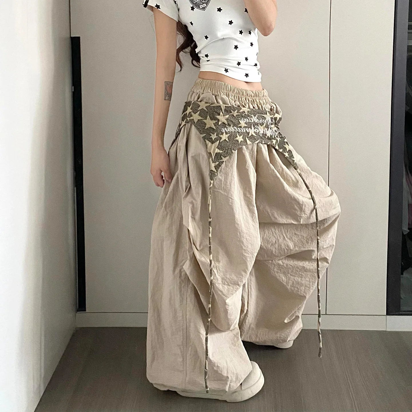 Women's Wide Leg Pants with Layered Waist and Embroidered Details