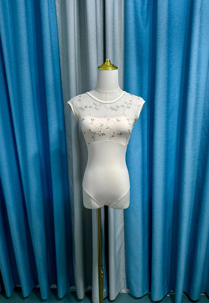 Women's Floral Embroidered Ballet Leotard with Mesh Upper and Open Back
