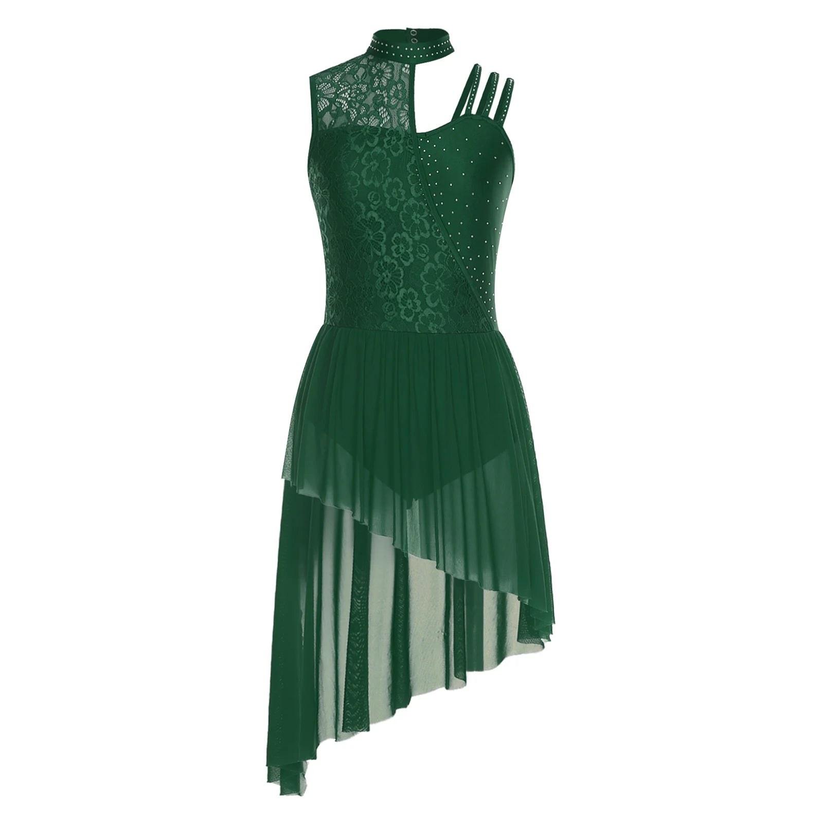 Women's Floral Lace Dance Dress with Rhinestones and Asymmetric Mesh Skirt