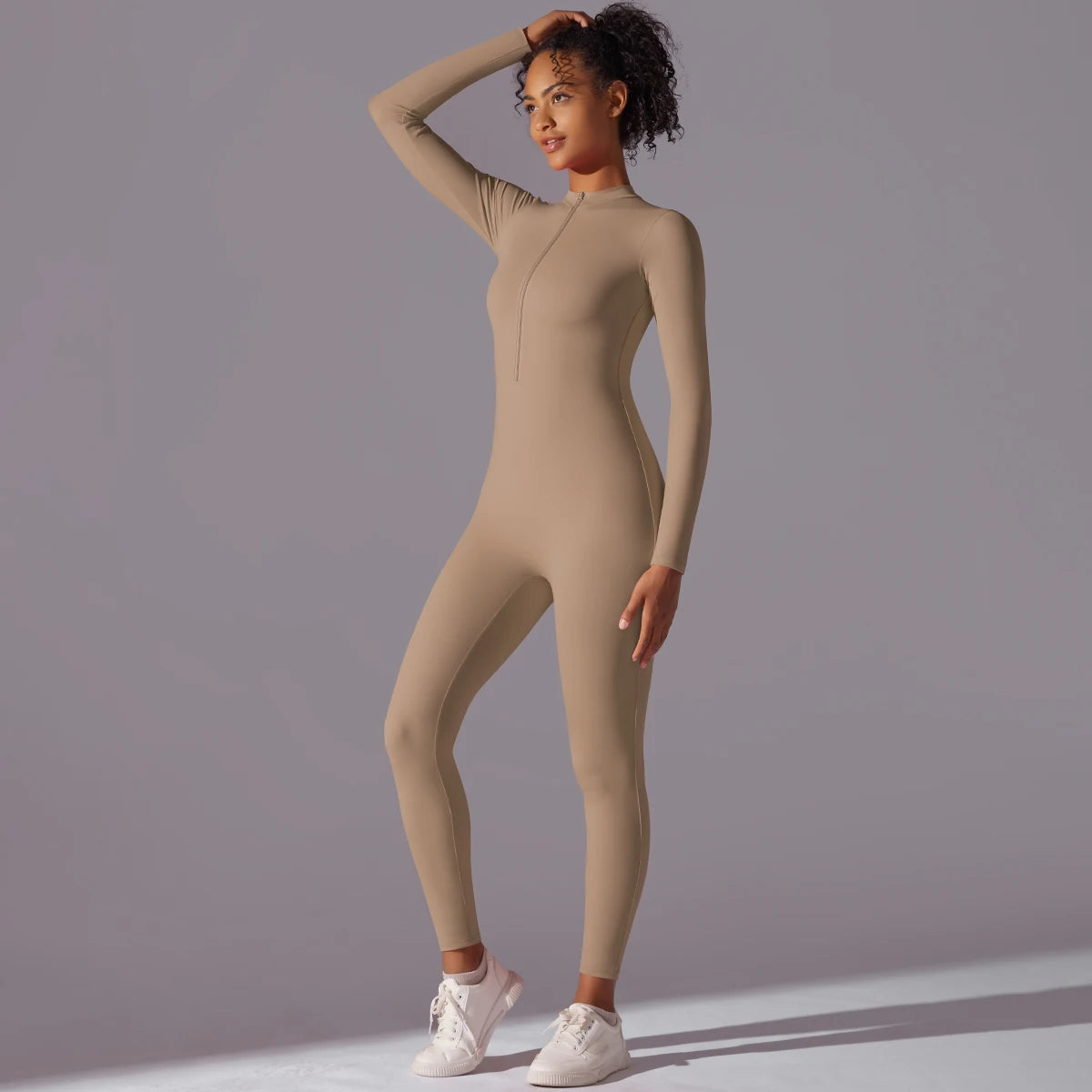 Women's Long Sleeve Nylon Blend Workout Jumpsuit with Round Neck