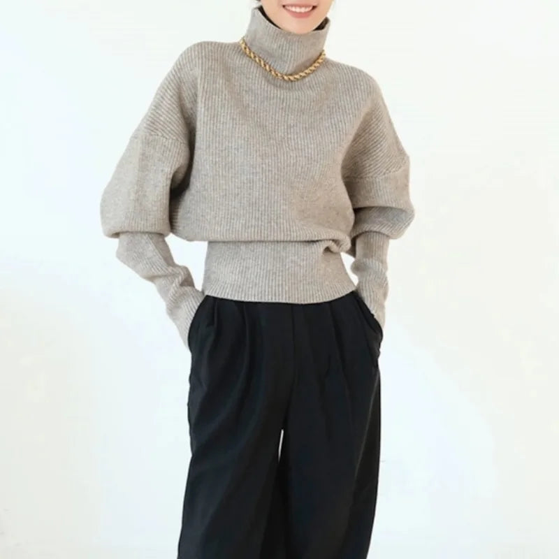 French retro high-neck pullover pure wool sweater women's short knitted base sweater waist-cinching and versatile top