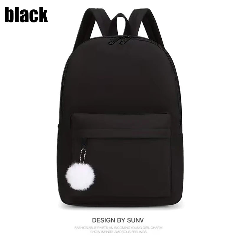 Solid Colour Backpack with Front Pocket and Fluffy Ball Decoration
