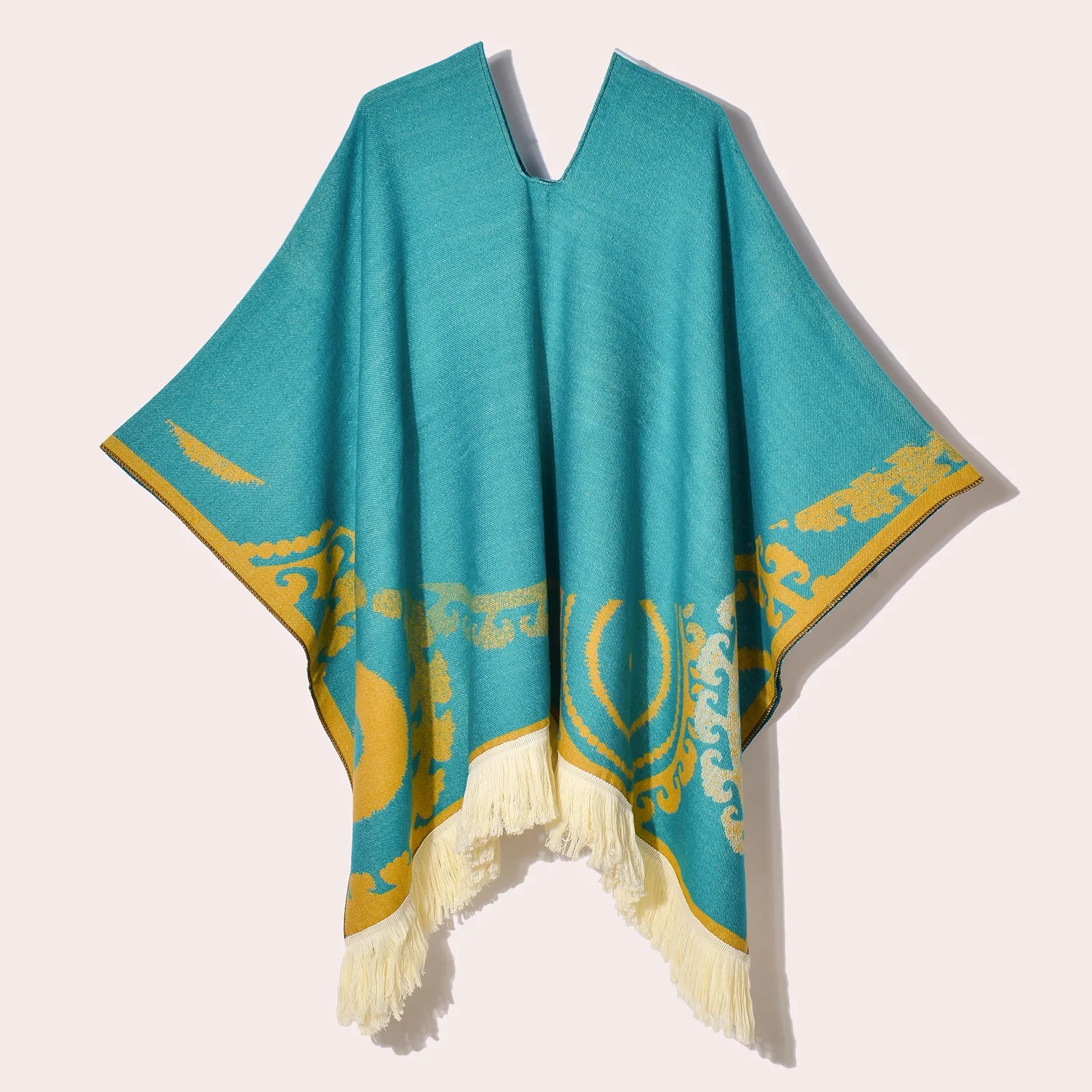 Geometric Pattern Fringe Poncho for Layering over Outfits