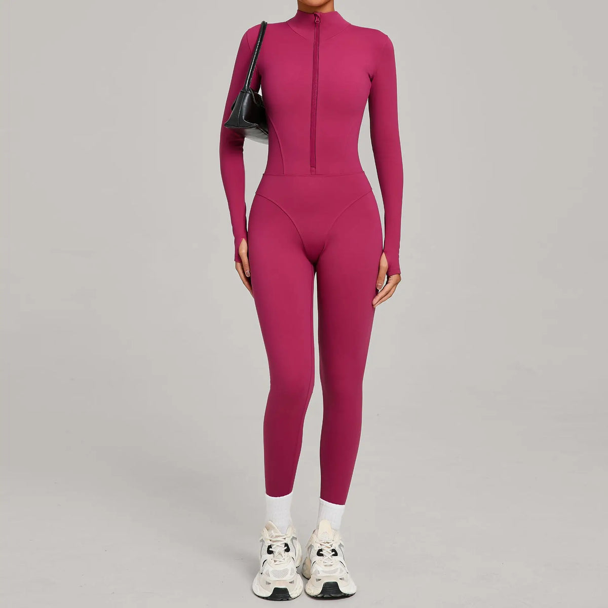 Women's Long Sleeve Nylon Blend Workout Jumpsuit with Stand Collar Zip