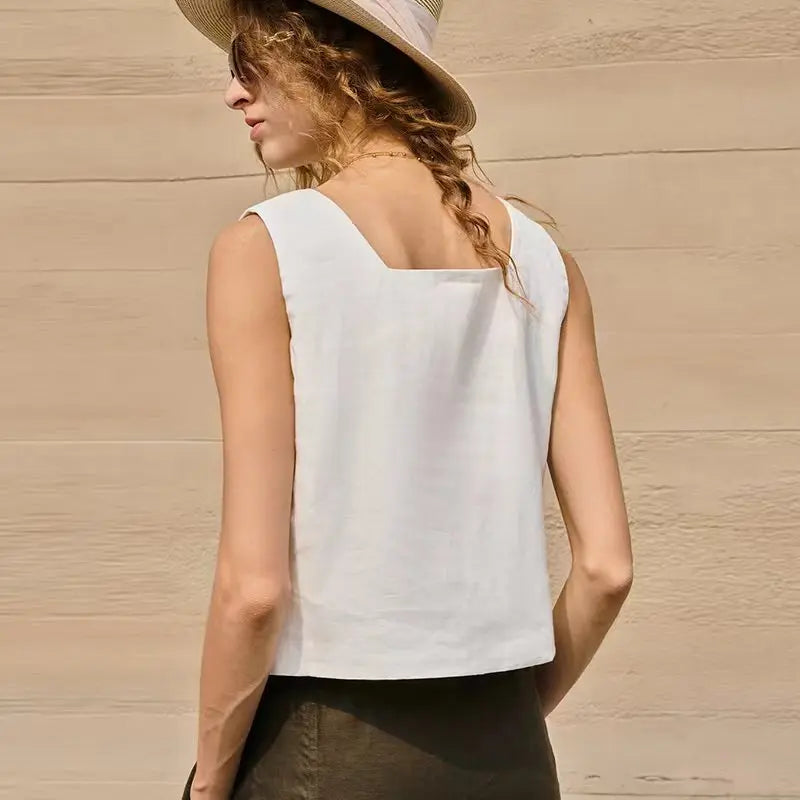 Women's Linen Sleeveless V-Neck Button-Front Cropped Vest Top for Casual Summer Outfits