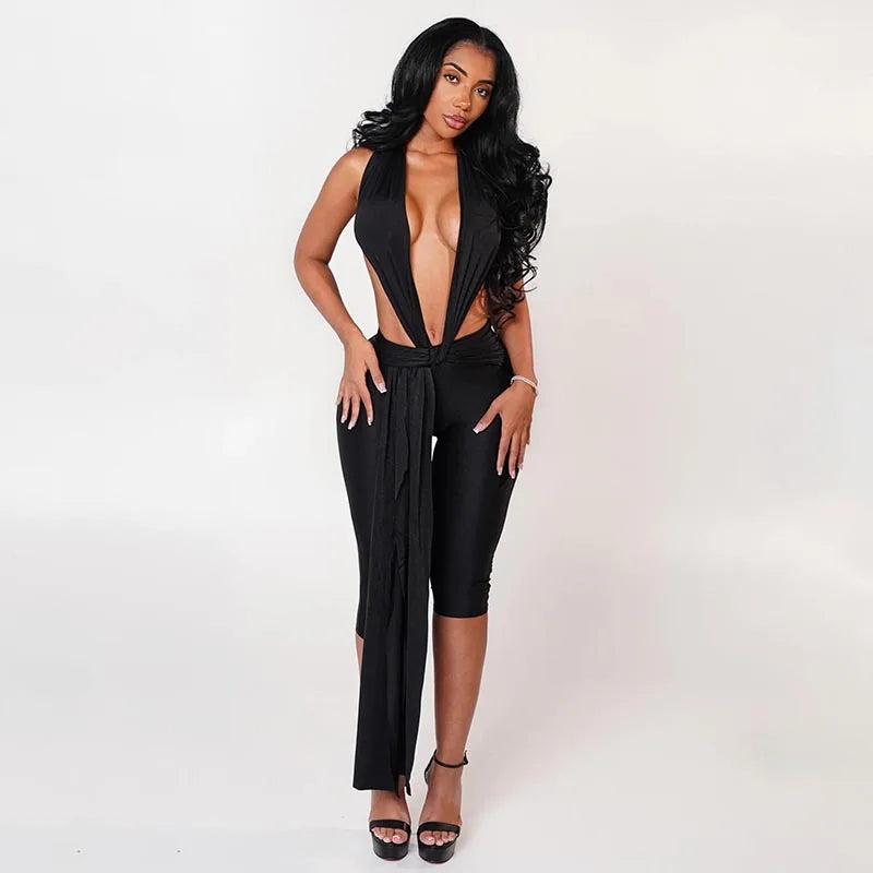 Women's Plunge Halter Polyester Jumpsuit with Waist Ties and Cropped Legs