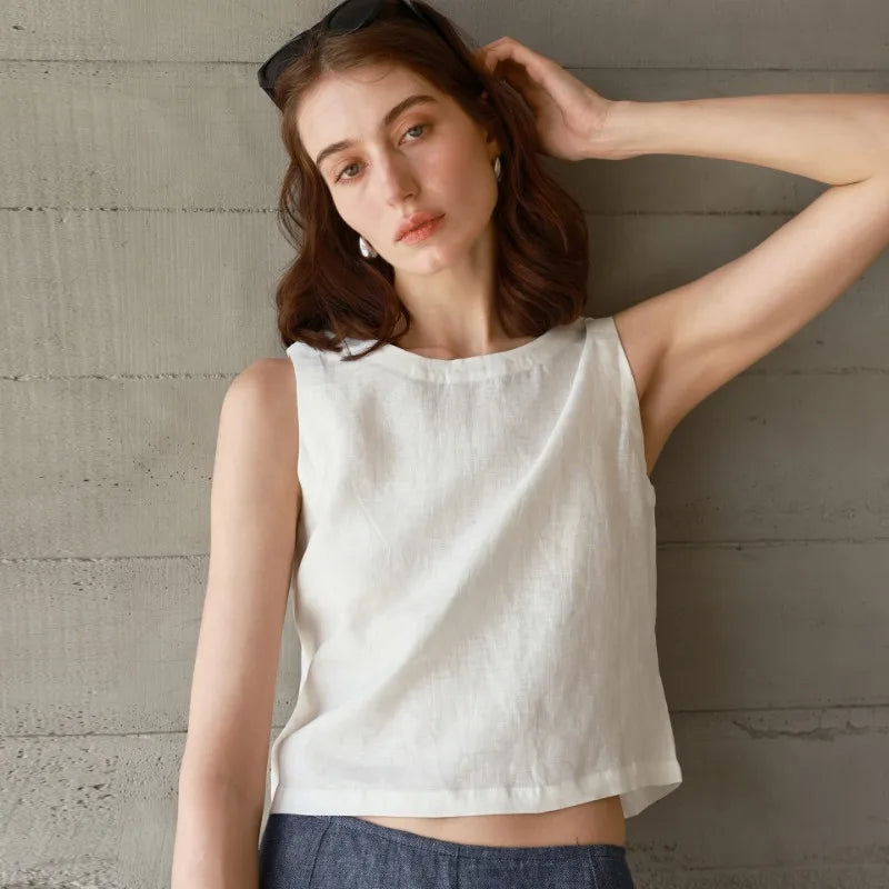 Women's Linen Sleeveless Cropped Tank Top with Button Detail for Casual Outfits