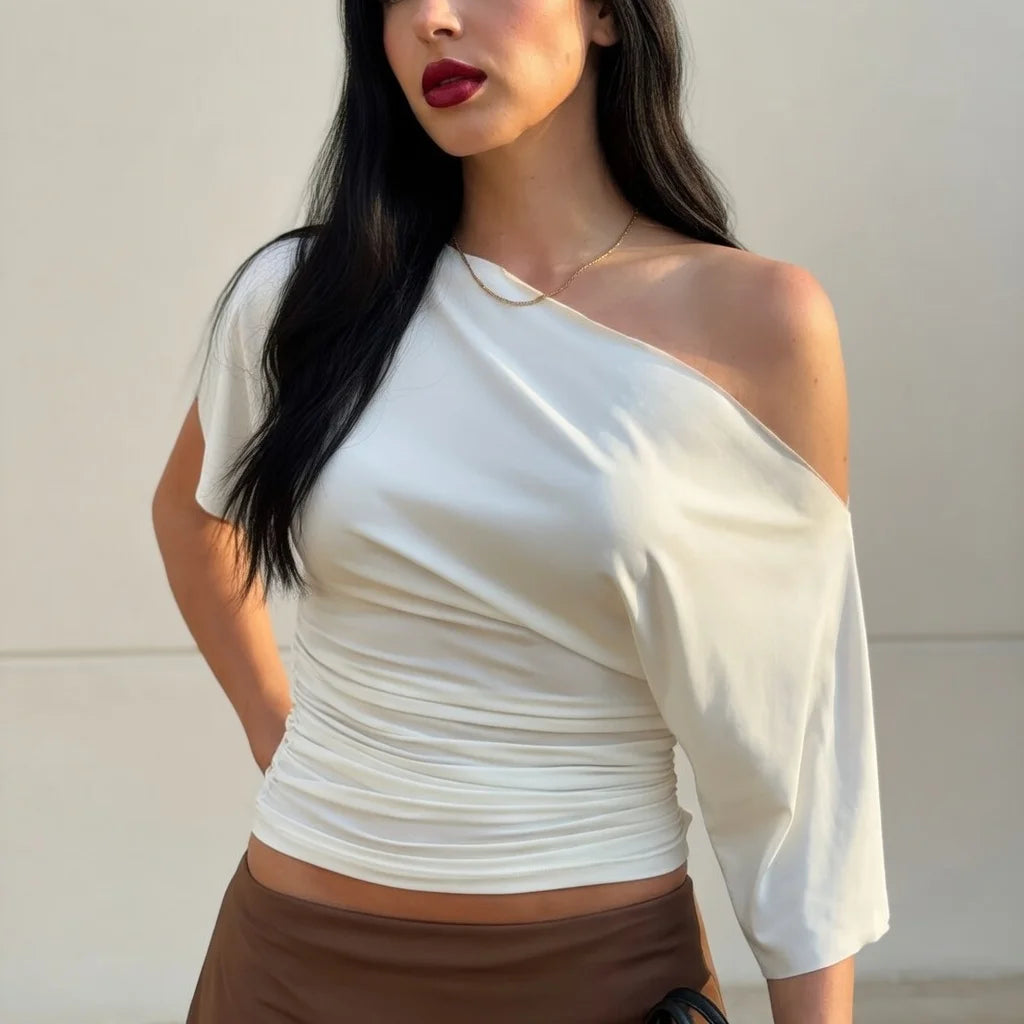 Women's Polyester-Elastane Solid One-Shoulder Short-Sleeve Crop Top for Casual Summer Everyday Outfits