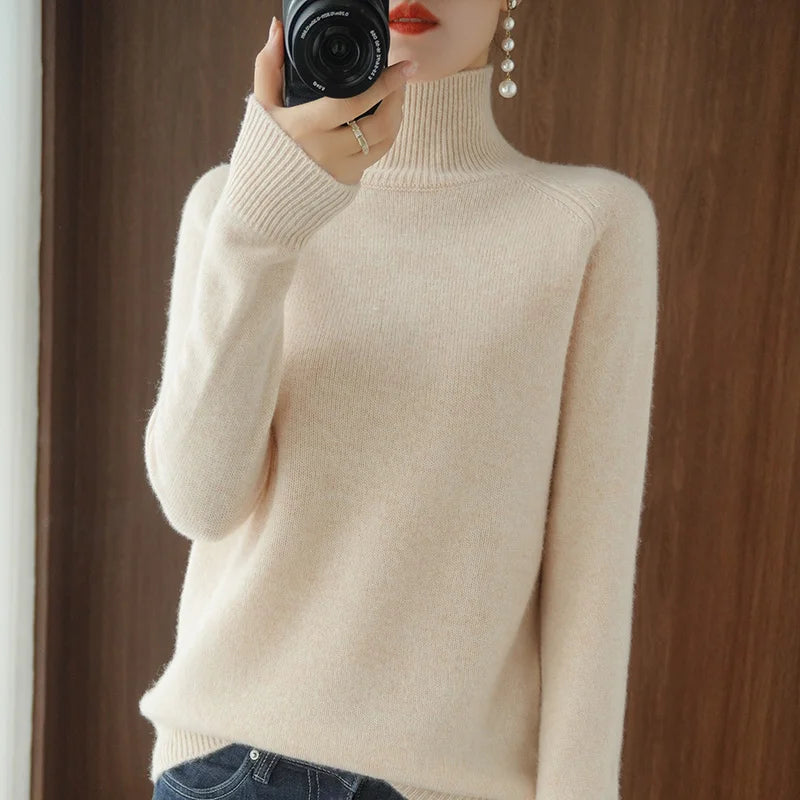 Women's Plain Ribbed Roll Neck Sweater Casual Knit Layer